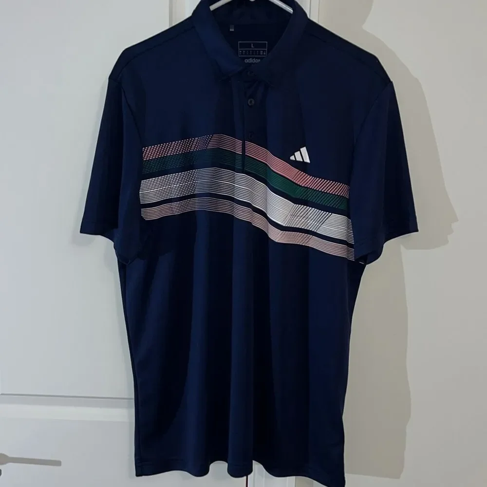 Blue Adidas Multi Stripe Men’s Polyester Golf Polo Shirt L 🏌️‍♀️